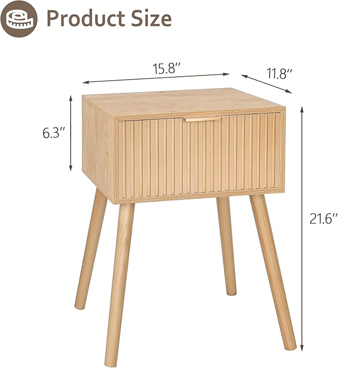 AWASEN Nightstand, Small End Tables Living Room, Accent Bedside Side Table with Fluted Drawer for Bedroom and Small Space, Rustic Walnut