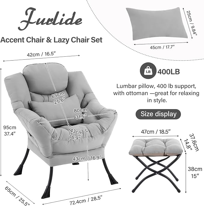 Furlide Lazy Chair with Ottoman, Modern Lounge Chair with Lumbar Pillow, Accent Cozy Reading Armchair and Folding Footstool for Bedroom, Dorm, Living Room,Light Grey
