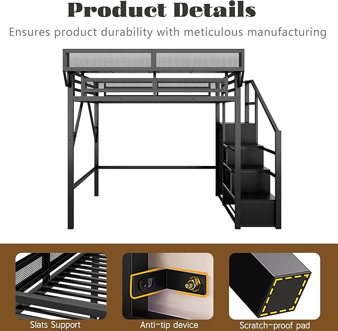 Mirightone Full Size Loft Bed with Stairs and Storage, Metal Loft Bed Frame with Bedside Shelf and Large Under-Bed Space, Heavy-Duty Loft Beds for Adults Teens and Kids, Convertible Staircase, Black