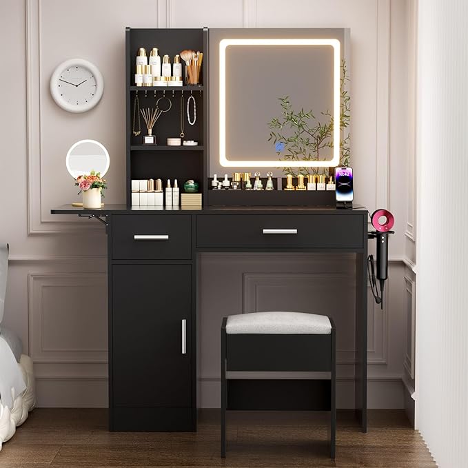 ERLEJIA Vanity Desk with Mirror and Lights & Extral Foldable Desk, 35.43" & 43.3" Makeup Vanity Table with Stool and Plug Outlet, 5 Drawers and Open Shelves Dressing Table for Bedroom,Black