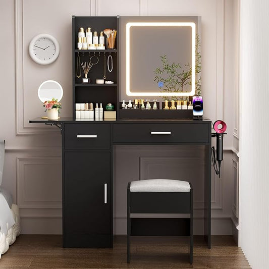 ERLEJIA Vanity Desk with Mirror and Lights & Extral Foldable Desk, 35.43" & 43.3" Makeup Vanity Table with Stool and Plug Outlet, 5 Drawers and Open Shelves Dressing Table for Bedroom,Black