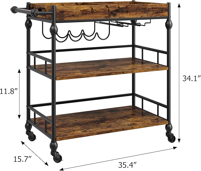 3-Tier Bar Cart with Wheels, Mobile Rolling Beverage Cart with Wine Rack, Glass Holder & Removable Top Tray, Serving Cart, Retro Trolley for Kitchen, Dining Room, Living Room, 35.4" x 15.7" x 34.1"