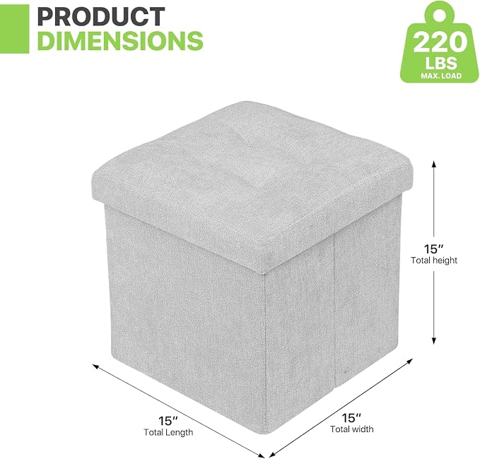 Magshion Folding Storage Ottoman Cube, 15 Inches Small Foot Rest Stool, Square Ottoman with Storage for Bedroom, Living Room, Dorm, Light Gray