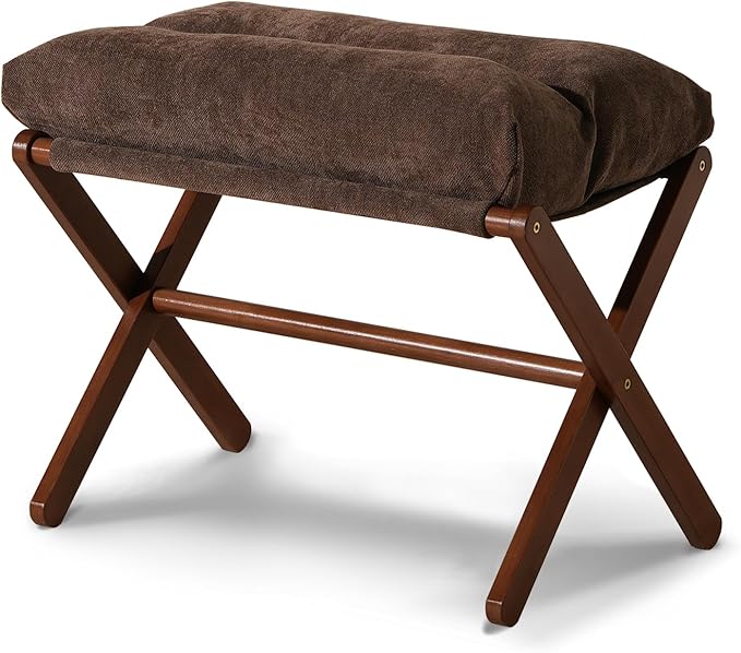 Baveke Ottoman Foot Rest- Bamboo Folding Stool, Foot Stools Small Ottman with Upholstered & X Legs, Foldable Stool for Makeup, Bedroom and Living Room, FSC-Certified (Large Brown)