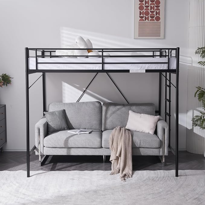 VINGLI Loft Bed Full Size with Flat Rungs for Adults, Kids and Young Teens, No Box Spring Required,Heavy Duty Metal Slat Support,Black