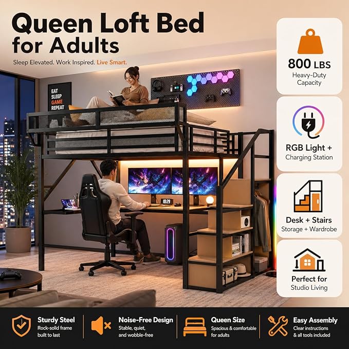 Mirightone Queen Loft Bed with Desk and RGB Light, Metal Loft Bed Frame with Stairs and Bedside Shelf, Heavy-Duty Lofts Beds with Storage Shelves and Wardrobe for Kids Teens, Black