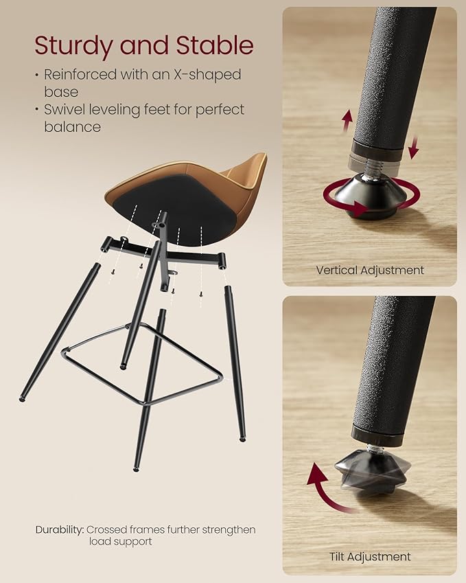 VASAGLE Bar Stools Set of 4, Bar Height Bar Stools with Back, Ergonomic Backrest, Synthetic Leather, Metal Legs, 28.5-Inch Tall Barstools for Kitchen Island Home Bar, Easy Assembly, Caramel Brown