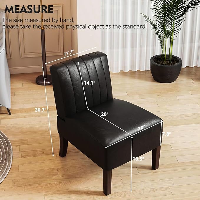 VIRRMO Armless Accent Chairs Set of 2 Upholstered Dining Chairs Living Room Chairs with Solid Wood Legs Bedroom Chair Leather Reading Chair Comfy Chair for Bedroom Vanity Kitchen (Black)