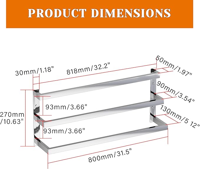 SEIDO 32 Inch 3-Tier Towel Rack, Heavy Duty Square Ladder Design Towel Bar Wall Mounted, Polished Chrome 310 Stainless Steel Rustproof Towel Holder for Bathroom, Kitchen, Laundry