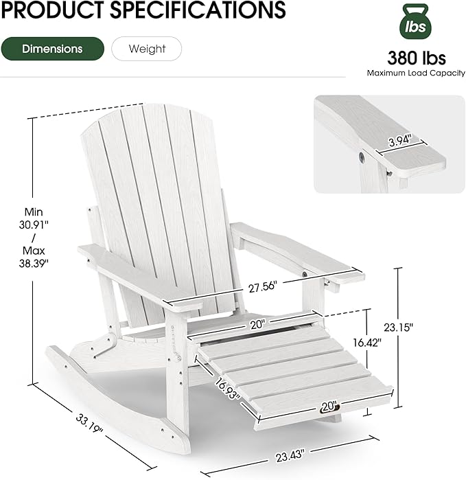 Adjustable Adirondack Rocking Chair with Retractable Ottoman Footrest, 4-in-1 Foldable HDPE Outdoor Rocker, Weather Resistant Adirondack Chair for Porch, Garden & Poolside, White