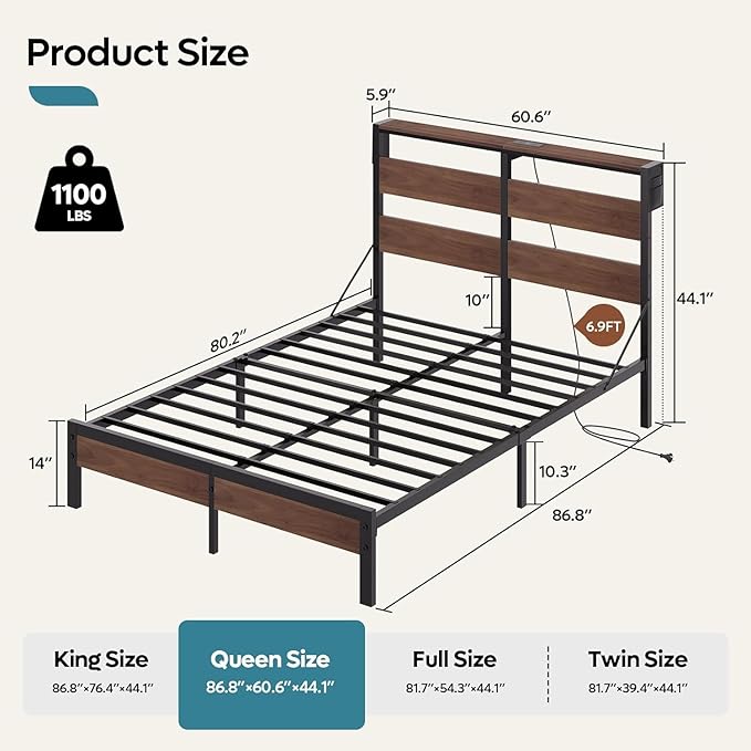 Bestier Queen Size Bed Frame with Headboard and Charging Station,Platform Metal Bed Frame with LED Light,Non-Slip Bed Frame, Noise-Free, Easy Assembly,Walnut