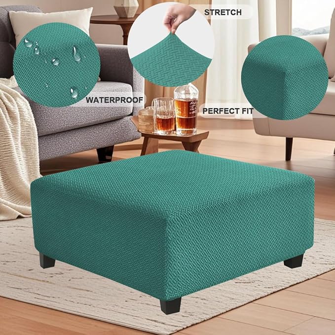 Levoberg Waterproof Square Ottoman Cover Large Square Folding Storage Ottoman Bench Slipcovers Footrest Stool Covers Oversized Ottoman Coffee Table Covers Cube with Elastic Bottom L Peacock Blue