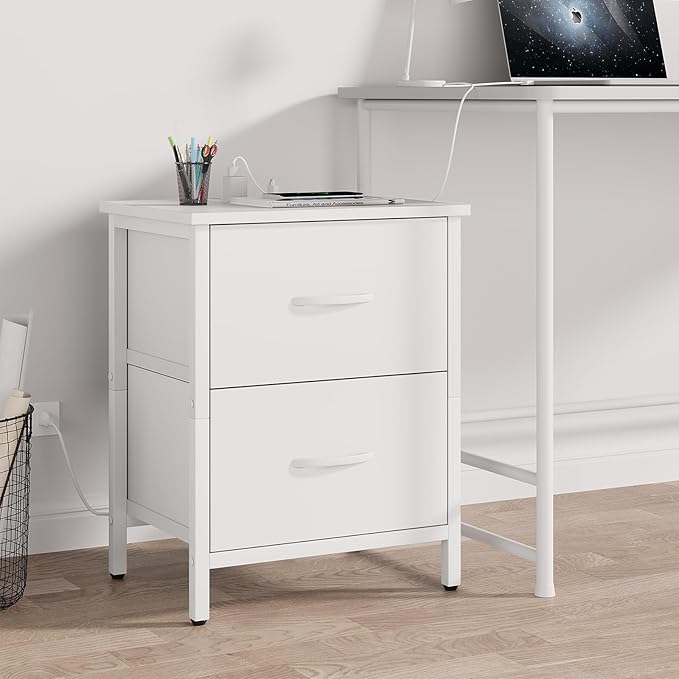 Vagusicc Nightstand with Charging Station, Bedside Table with USB Ports and Outlet, End Table Side Table with 2 Fabric Drawers for Bedroom, Living Room, White