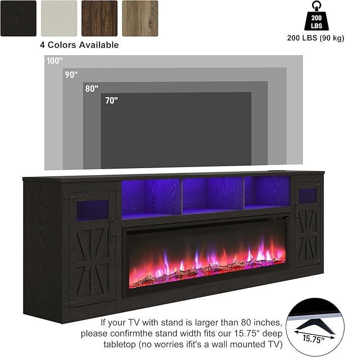 Fireplace TV Stand for 100 Inch TV, 95" Farmhouse Entertainment Center with 60" Electric Fireplace & LED Lights, Large Media Console for Living Room, Rustic Barn Doors, Power Outlets,Black