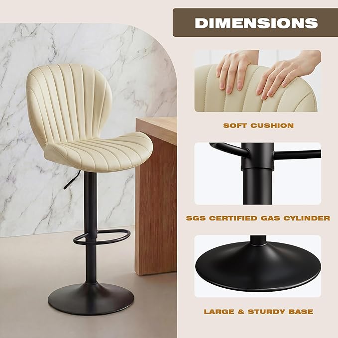 GRUSIGN Bar Stools Set of 2, Modern Swivel Adjustable Bar Chairs, Faux Leather Upholstered Counter Height Bar Stools with Backrest, Comfort Barstools for Kitchen Island, Home Bar, Beige