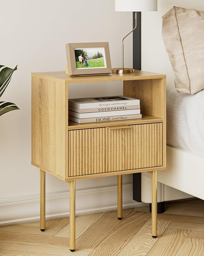 Aienvey Night Stand, Modern Nightstand with Drawers, Bedside Table, Gold Small Side Table for Bedroom, Living Room End Table (Oak Stripe, 1 Drawer)