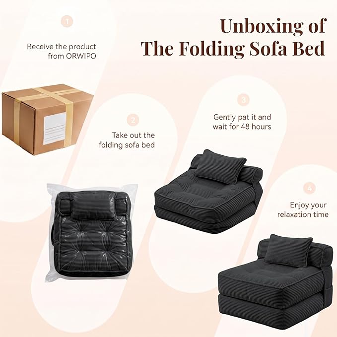 Folding Sofa Bed, Convertible Sleeper Chair with Pillow Foldable Mattress with Back Support, Portable Fold Out Chair Bed Comfy Floor Couch Lounge for Living Room Bedroom Apartment Single