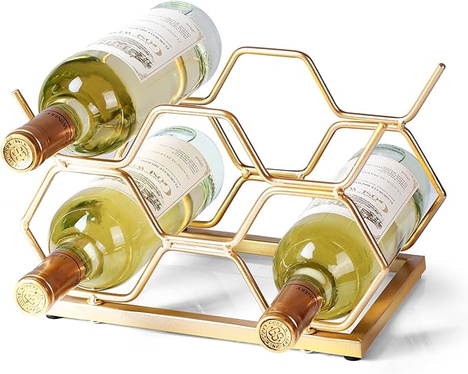 Countertop Wine Rack - 5 Bottle Freestanding Modern Gold Metal Small Wine Rack - Tabletop Wine Holder Stand for Cabinet, Pantry, Wine Bottle Storage…