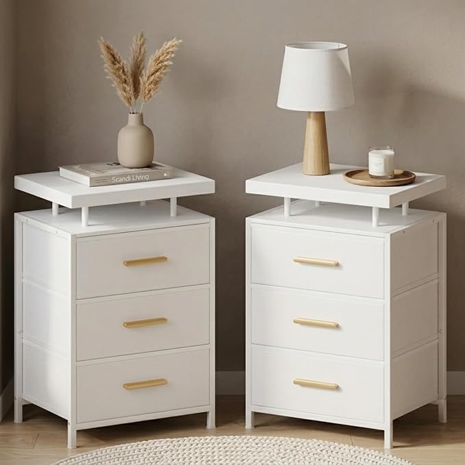DreamDashio Nightstand Set of 2 with LED Lights, 3 Fabric Storage Drawers with PU Finish, Floating Top Design, Bedside Table with Open Shelf, End Table for Bedroom, Living Room, Office White