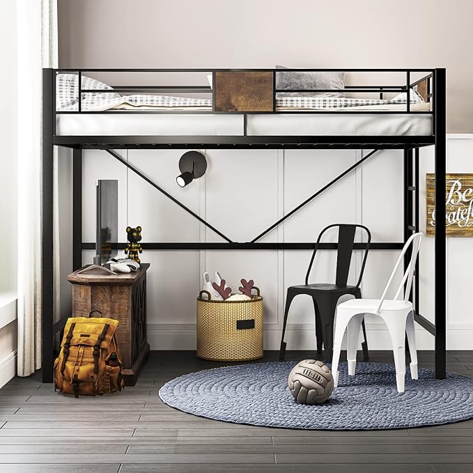 SHA CERLIN Loft Bed Twin Size with Ladder and Guardrail,Rustic Design,Metal Slats Support No Box Spring Needed Small Space Saving Furniture for Bedroom Dorm