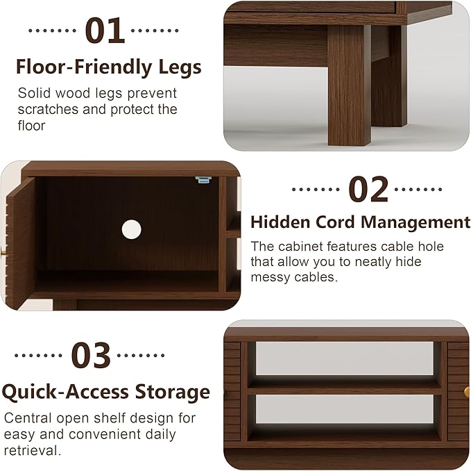 YOSHOOT Mid Century TV Stand for 55 inch TVs, Modern Entertainment Center with Storage Cabinets, Solid Wood Media Console with Open Shelves for Living Room & Bedroom, Antique