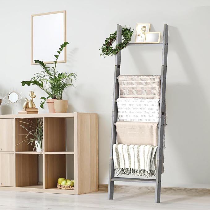 Honest Blanket Ladders for The Living Room, 6-Tier Blanket Holder, Wall-Leaning Blanket Rack, Ladder Shelves, Wooden Quilt Ladder, Farmhouse Decor, Grey