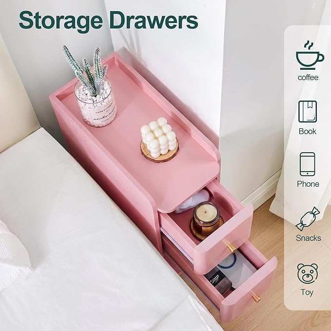Pink Narrow Nightstand, Wooden Small 2 Drawer Nightstand, Slim Side End Table, Skinny Bedside Table, Mid Century Modern Night Stand with Drawers, for Living Room (Pink-1 pc)