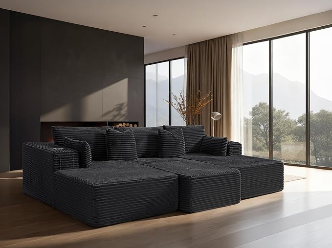 108" Cloud Sectional Couch, Comfort Sleep Sofa for Living Room, Extra Deep Seats No Assembly, Minimalist Modular Couch, Corduroy (Black, Widen Loveseat Chaise)