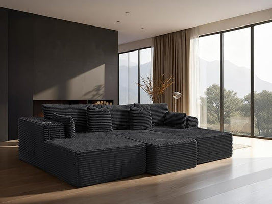 108" Cloud Sectional Couch, Comfort Sleep Sofa for Living Room, Extra Deep Seats No Assembly, Minimalist Modular Couch, Corduroy (Black, Widen Loveseat Chaise)