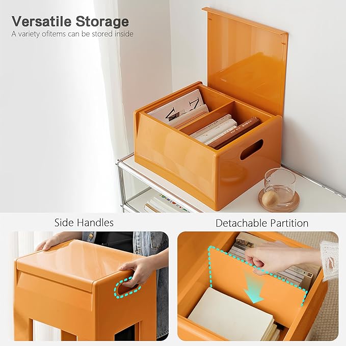 Nightstand Bedside Table with Storage Space, Multifunctional Colorful Plastic End Table Small Side Table for Bedroom, Dorm and Small Spaces, Easy Assembly(11.8" D x 15" W x 15.7" H, Orange)