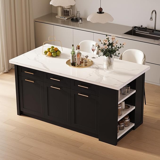 homary 72" Kitchen Island with Storage Large Kitchen Cabinet with Drawers Black & Sintered Stone Top Island Table for Dining Room