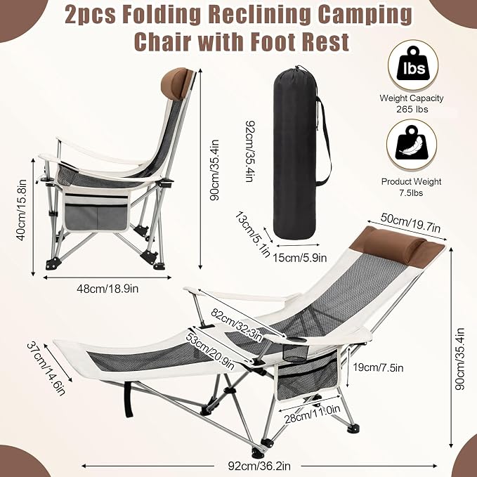 Colingmill 2 Pcs 2 in 1 Reclining Camping Chair with Footrest for Adults Folding Lounger Mesh Beach Chair Adjustable Backrest Lightweight Lawn Chairs for Camping Tailgates Outdoor Beach(Beige)