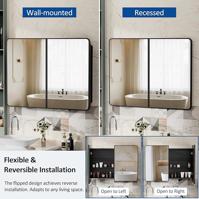 ACEMIRO 40x30 Inch Black Medicine Cabinet Mirror Metal Framed Recessed Bathroom Medicine Cabinets with Mirror and Storage Wall Mounted
