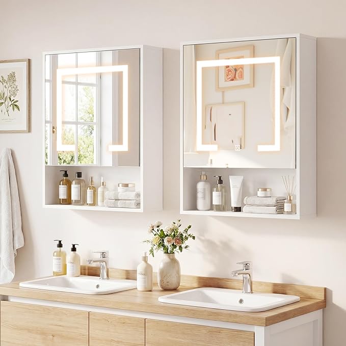 Giantex 24"x18" Medicine Cabinet with Mirror and Lights, Recessed or Wall Mounted LED Bathroom Wall Cabinet, Modern Storage Organizer with 3 Color Lights and Adjustable Shelf (White)
