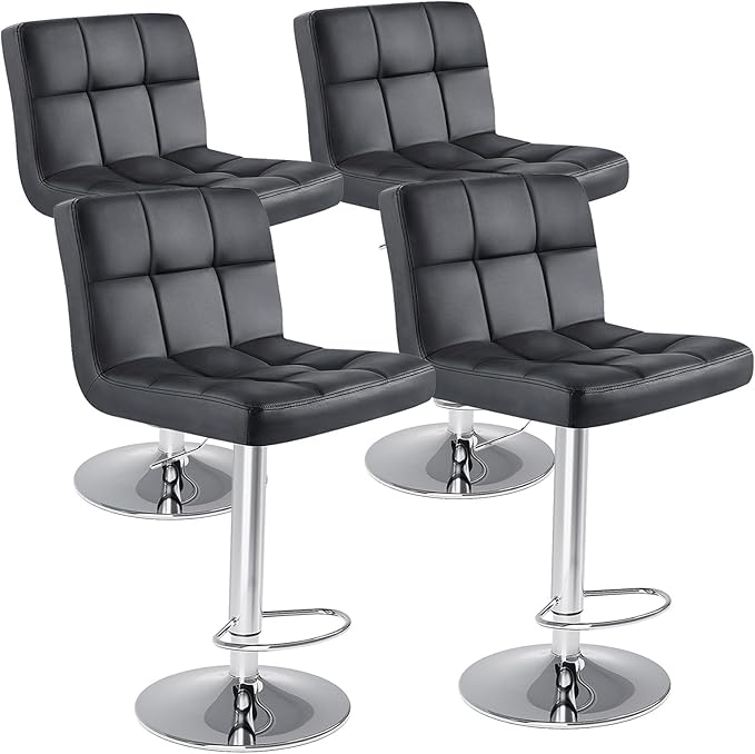 Sweetcrispy Bar Stools Set of 4, Armless PU Leather Adjustable Swivel Barstools, Hydraulic Kitchen Counter Height Thickened Seat Cushion Square Island Countertop Chairs with Back, Black