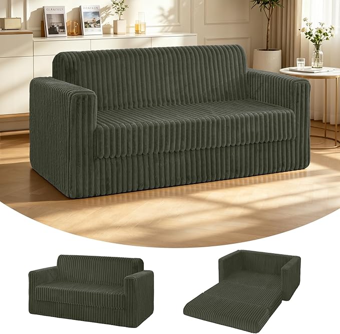 HABUTWAY 49.8" Loveseat Boneless Couch, 4-in-1 Convertible Sofa Bed, Plush Fur Folding Futon Sofa Bed Couches Without Pillow for Living Room, High-Density Foam Support, No Assembly Required, Green