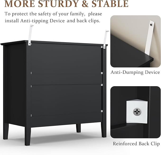 RoyalCraft 32" Large Nightstand Set of 2, Fluted Painted Bedside Table with 3 Spacious Drawers, Modern Tall End Table for Bedroom, Black