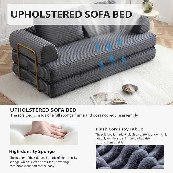 HANXIN 80 Inch Convertible Sleeper Sofa Bed, High Back Plush Corduroy Folding Floor Mattress Couch with Fixed-Shape Frame, Boneless Futon Loveseat with Pull Out Bed, No Assembly Required (Grey)