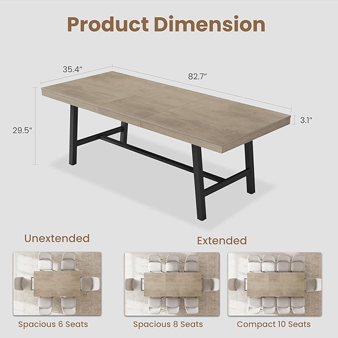 GarveeHome 63-83" Extendable Dining Table, Industrial Rectangular Dining Room Table for 6-8 People, Expandable Kitchen Table with Heavy Duty Metal Frame for Dining Room, Kitchen & Parties, Grey