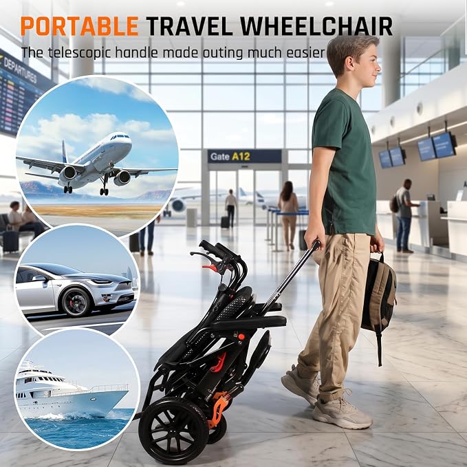 SOFTFISH Transport Wheelchair with Telescopic Rod, Wheelchairs for Adults with Foldable Footrest and Armrests, Narrow Wheelchair for Tight Spaces, Wheel Chair for Adults Seniors, Travel, Outing