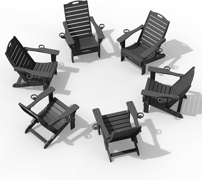 Adjustable Adirondack Chairs Set of 6 with Retractable Ottoman, HDPE Folding Adirondack Chair with Cup Holders, Weather Resistant for Backyard, Poolside & Fire Pit (Black)