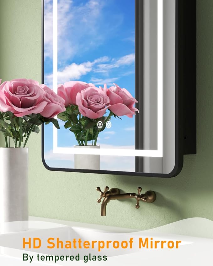 19.7"x31.5" Lighted Medicine Cabinet with Mirror, Arched Bathroom Mirror with Lights and Storage, Memory and Dimmable 3 Color, Anti-Fog, Full Metal Recessed & Surface Mount LED Medicine Cabinets Black