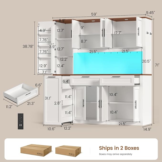 Itaar 71" Kitchen Pantry Cabinet with Charging Station and Led Light, Kitchen Storage Cabinets with Microwave Stand, 59" Wide Pantry Storage Cabinet with Storage Cart 3 Tier for Dining Room, White