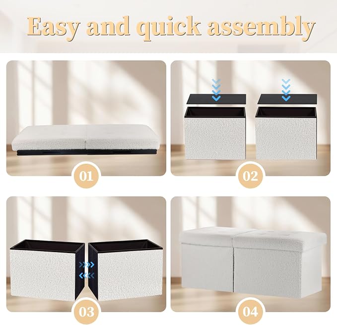 Bsketa Storage Ottoman Bench with Folding Lid Ⅲ, Foot Stools Opens on Both Ends, Footrest Foldable Teddy Velvet Chest for Living Room, Bedroom, Entryway, End of Bed Storage Blanket Ottomans White