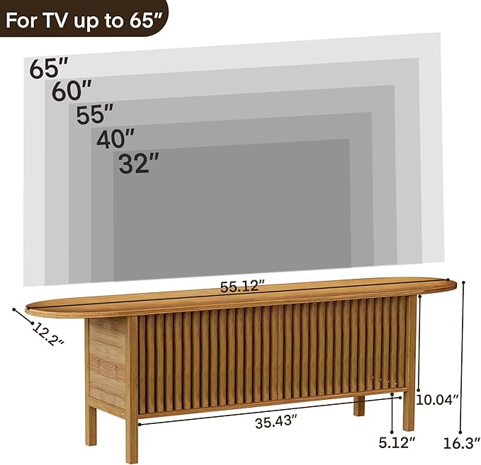 Bamboo TV Stand for TVs up to 65", Accent Entertainment Center with Storage, Media Console Table with Fence Door, Modern TV Stand for Living Room, Bedroom, 55"(L), Walnut