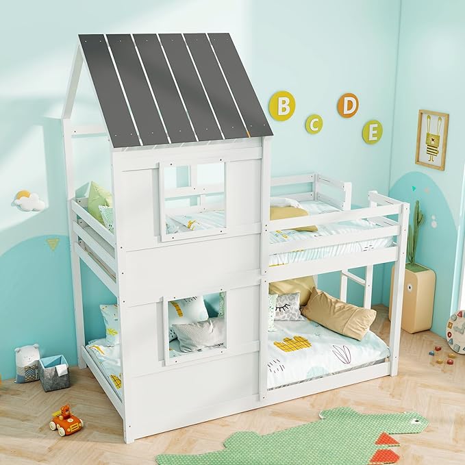 Giantex House Bunk Bed Twin Over Twin, Solid Wood Floor Bunk Bed with Built in Ladder, Window & Safety Guardrail, Wooden Kids Low Bunk Beds for Teens Boys & Girls, No Box Spring Needed, White