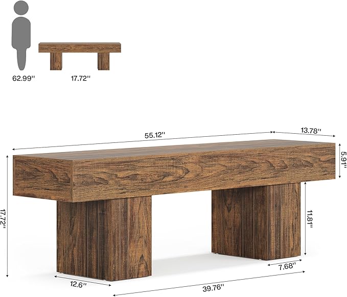 Tribesigns 55" Entryway Bench, Farmhouse Dining Bench with Broad Legs for Bedroom, Kitchen, Hallway, Rustic Brown