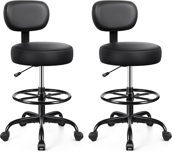 Brick Attic Drafting Chair with Backrest – Adjustable Foot Rest Rolling Stool with Wheels, PU Leather Swivel Stool for Office Spa Studio Lab Counter Salon Home Work Bar Kitchen Shop(Black), Pack of 2