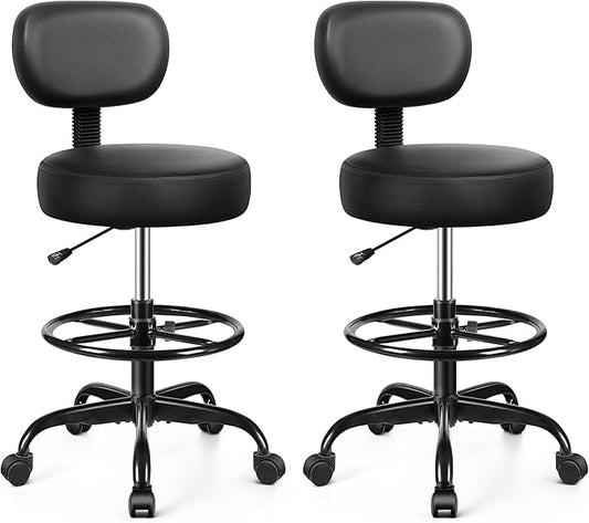 Brick Attic Drafting Chair with Backrest – Adjustable Foot Rest Rolling Stool with Wheels, PU Leather Swivel Stool for Office Spa Studio Lab Counter Salon Home Work Bar Kitchen Shop(Black), Pack of 2