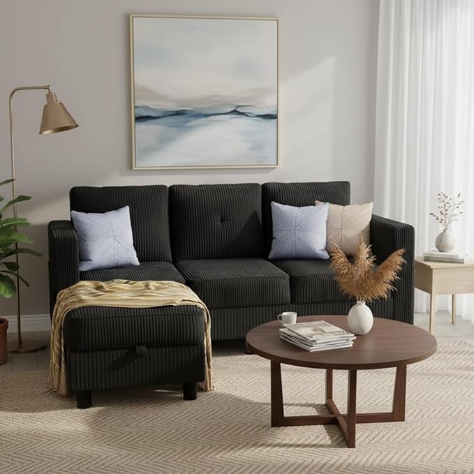 JAMFLY Convertible L-Shaped Sectional Sofa with Reversible Storage Ottoman, 3-Seat Couch with Side Pockets, Modern Compact Furniture for Small Apartments, Studios & Lofts, Black